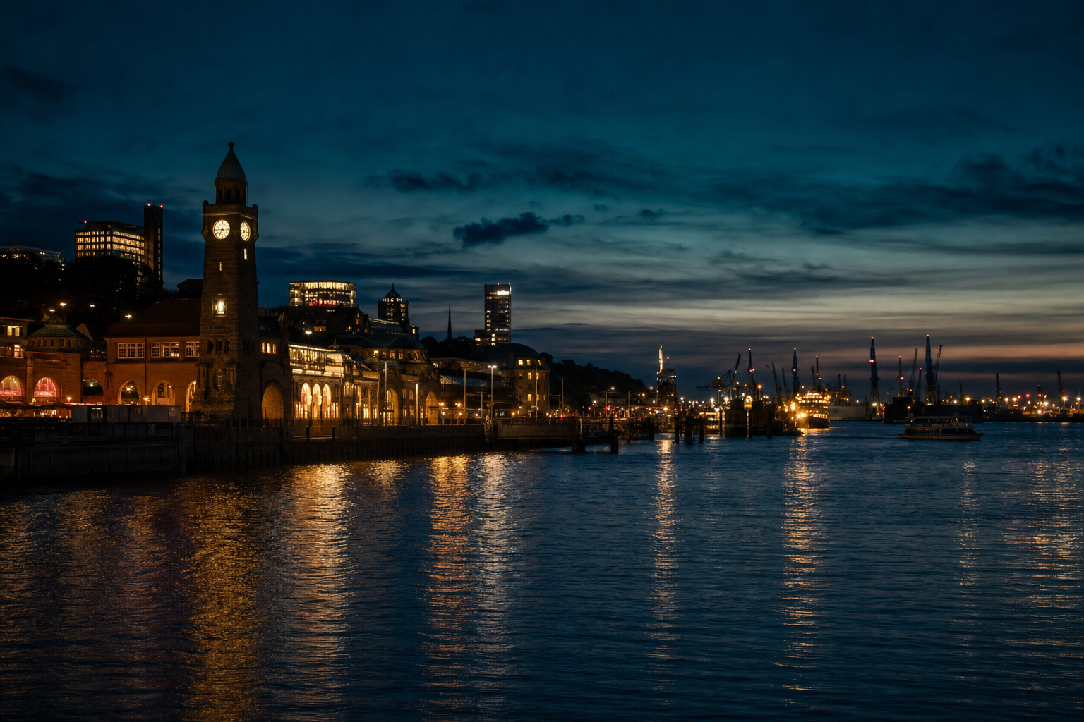 Stilvolle Hotelbar und nächtliche Skyline in Hamburg