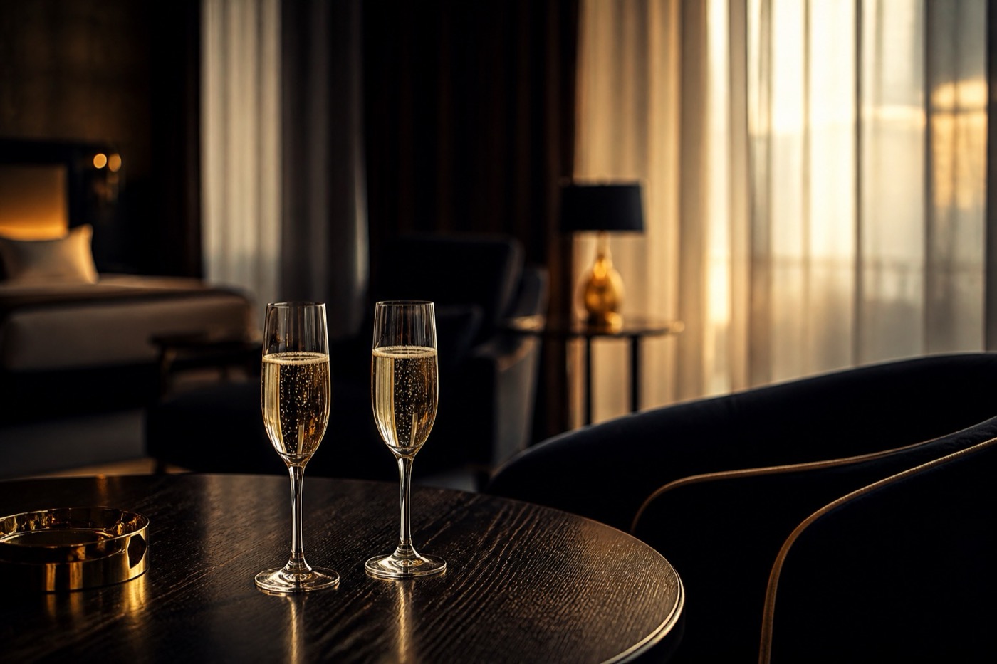 Diskrete Lounge-Atmosphäre mit Champagnergläsern – ruhiges Kennenlernen statt Prüfungsdruck