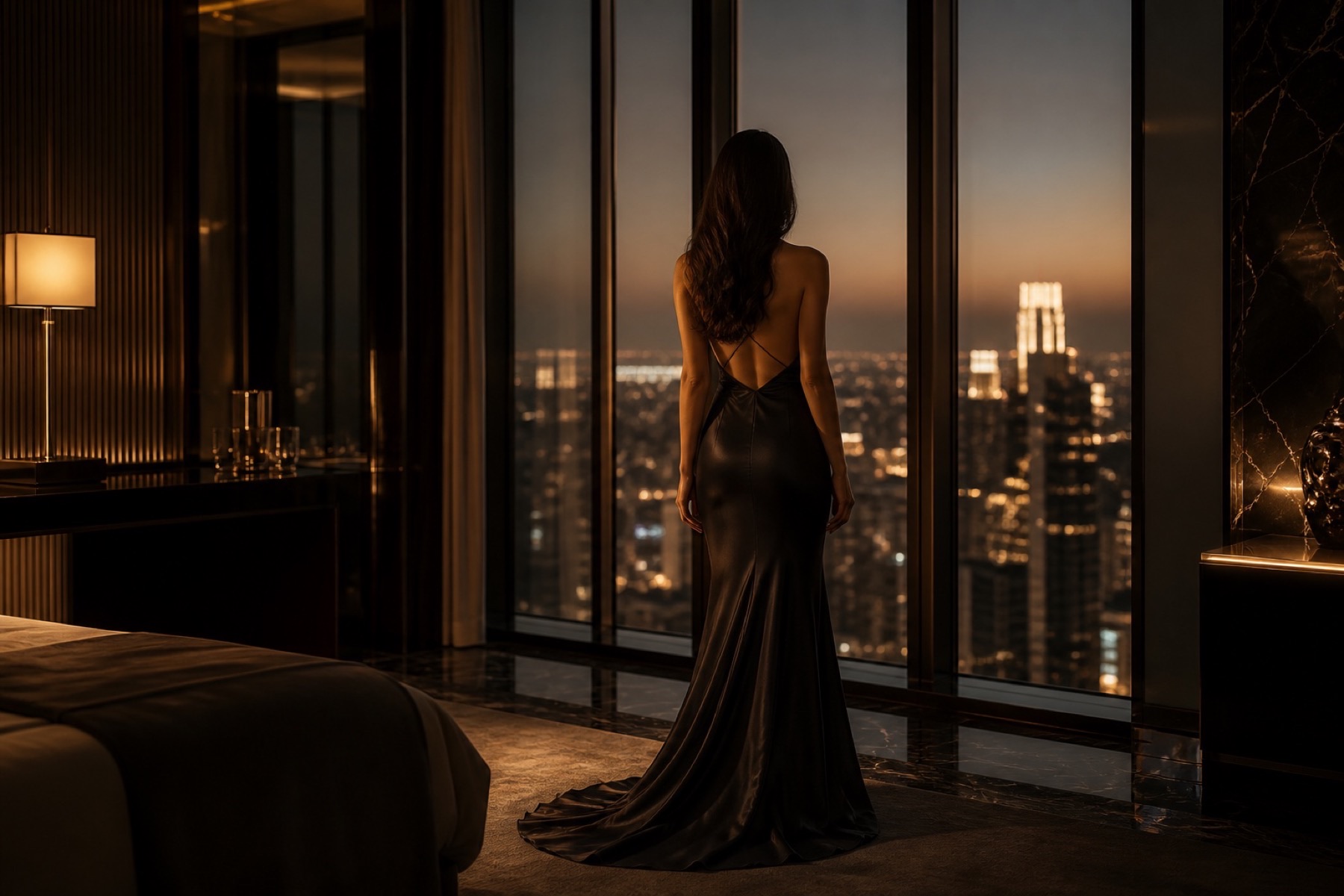 Blick aus dem Hotelzimmer auf die Stadt bei Nacht – Diskretion und Schutz im Escort-Job