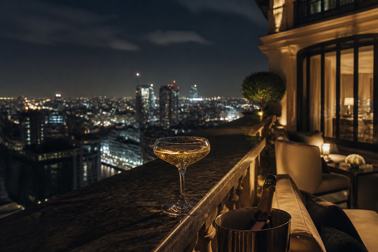 Penthouse-Terrasse bei Nacht – Symbol für finanzielle Unabhängigkeit im Escort Job