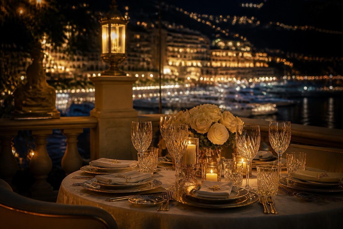 Elegante Terrasse in Monte Carlo bei Nacht – Candlelight und Hafenlichter