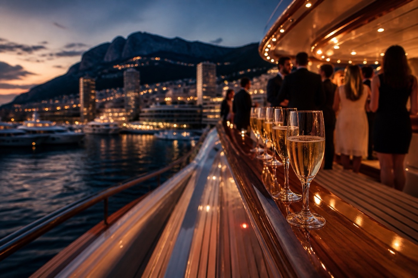 Yacht-Deck bei Dämmerung in Monaco – Champagner und warme Abendlichter